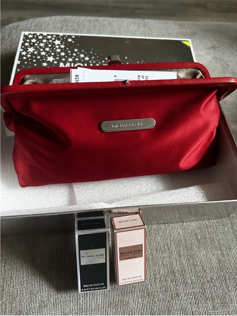Michael Kors Red Satin Frame-Clasp Clutch with his / her mini perfumes authentic
